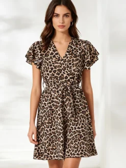 Solada Vestito donna animalier con maniche corte a volant - multicolore