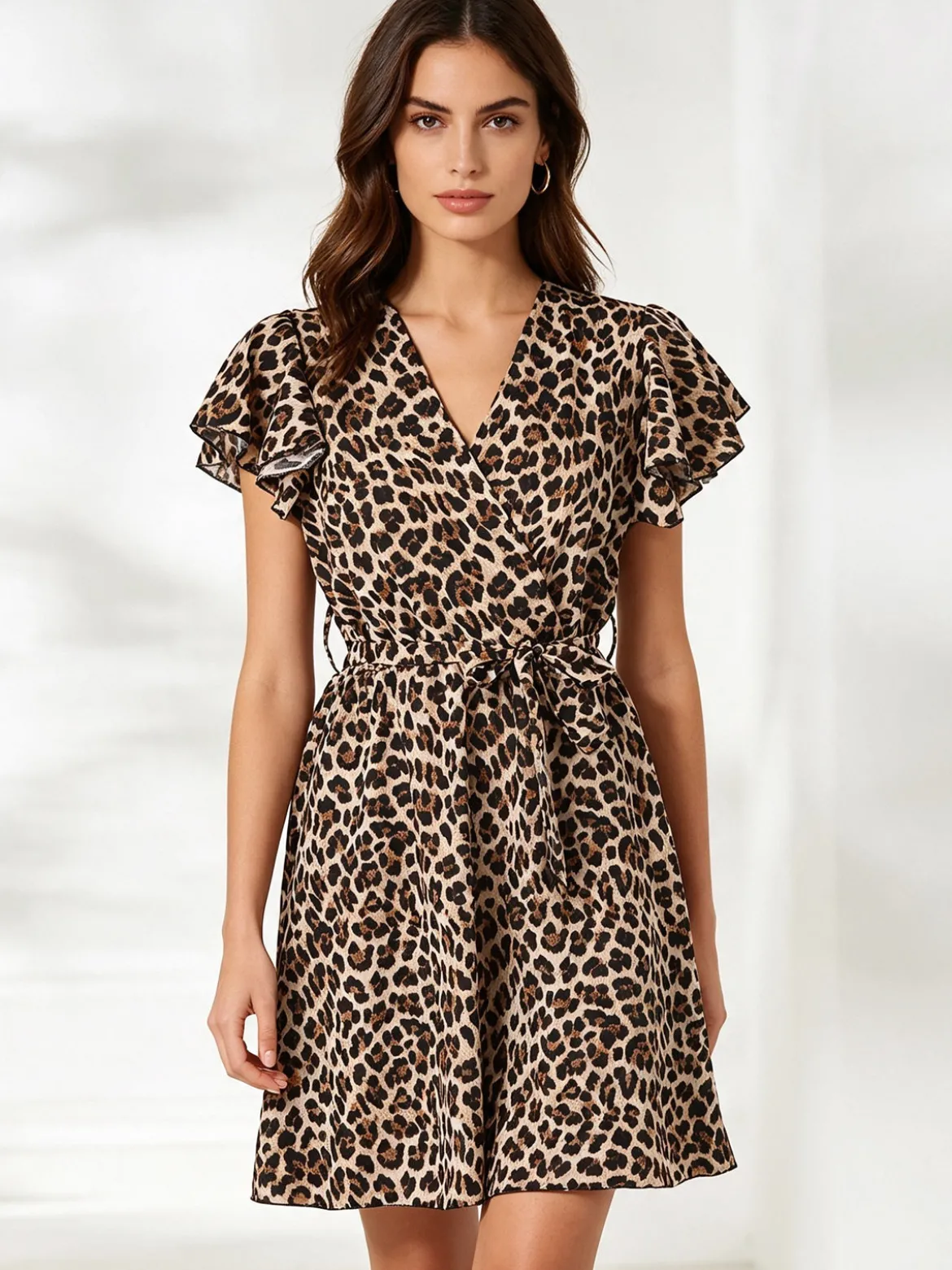 Solada Vestito donna animalier con maniche corte a volant - multicolore