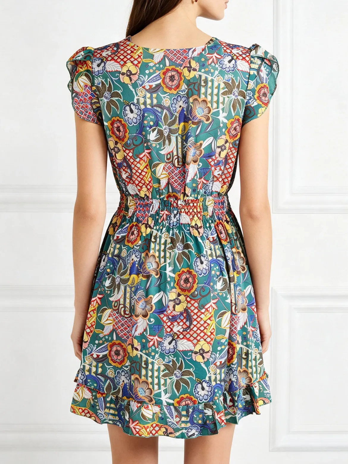 Solada Vestito donna in cotone a maniche corte con stampe colorate - verde