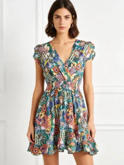 Solada Vestito donna in cotone a maniche corte con stampe colorate - verde