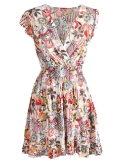 Solada Vestito donna in cotone a maniche corte con stampe colorate - bianco