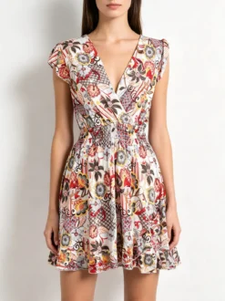 Solada Vestito donna in cotone a maniche corte con stampe colorate - bianco