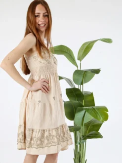 Solada Vestito donna in viscosa con spalline strette e ricami con lurex - beige