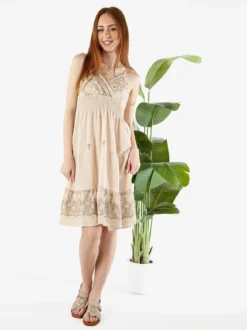 Solada Vestito donna in viscosa con spalline strette e ricami con lurex - beige