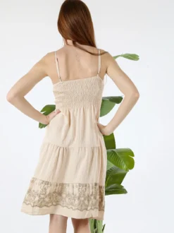 Solada Vestito donna in viscosa con spalline strette e ricami con lurex - beige