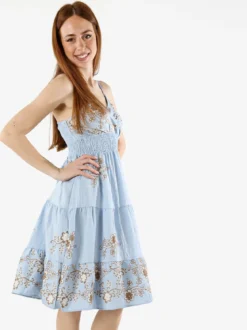 Solada Vestito donna in viscosa con spalline strette e ricami floreali - azzurro
