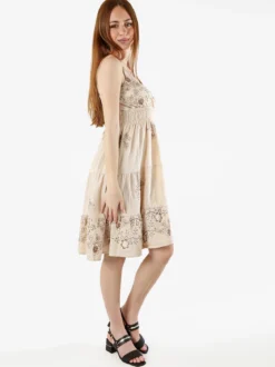 Solada Vestito donna in viscosa con spalline strette e ricami floreali - beige