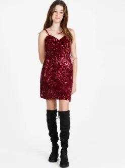 Solada Vestito donna midi in ciniglia con paillettes e spalline sottili