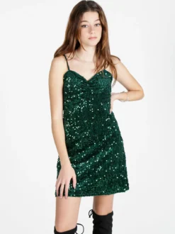 Solada Vestito donna midi in ciniglia con paillettes e spalline sottili