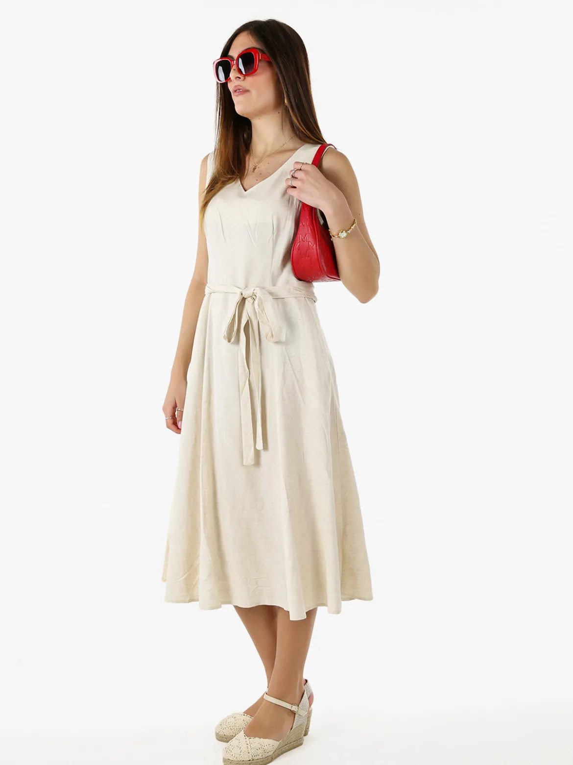 Solada Vestito donna smanicato in misto lino con scollo a V - beige