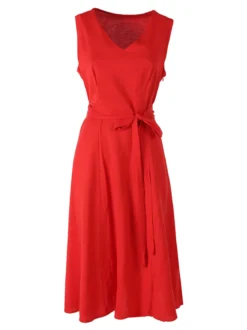 Solada Vestito donna smanicato in misto lino con scollo a V - rosso