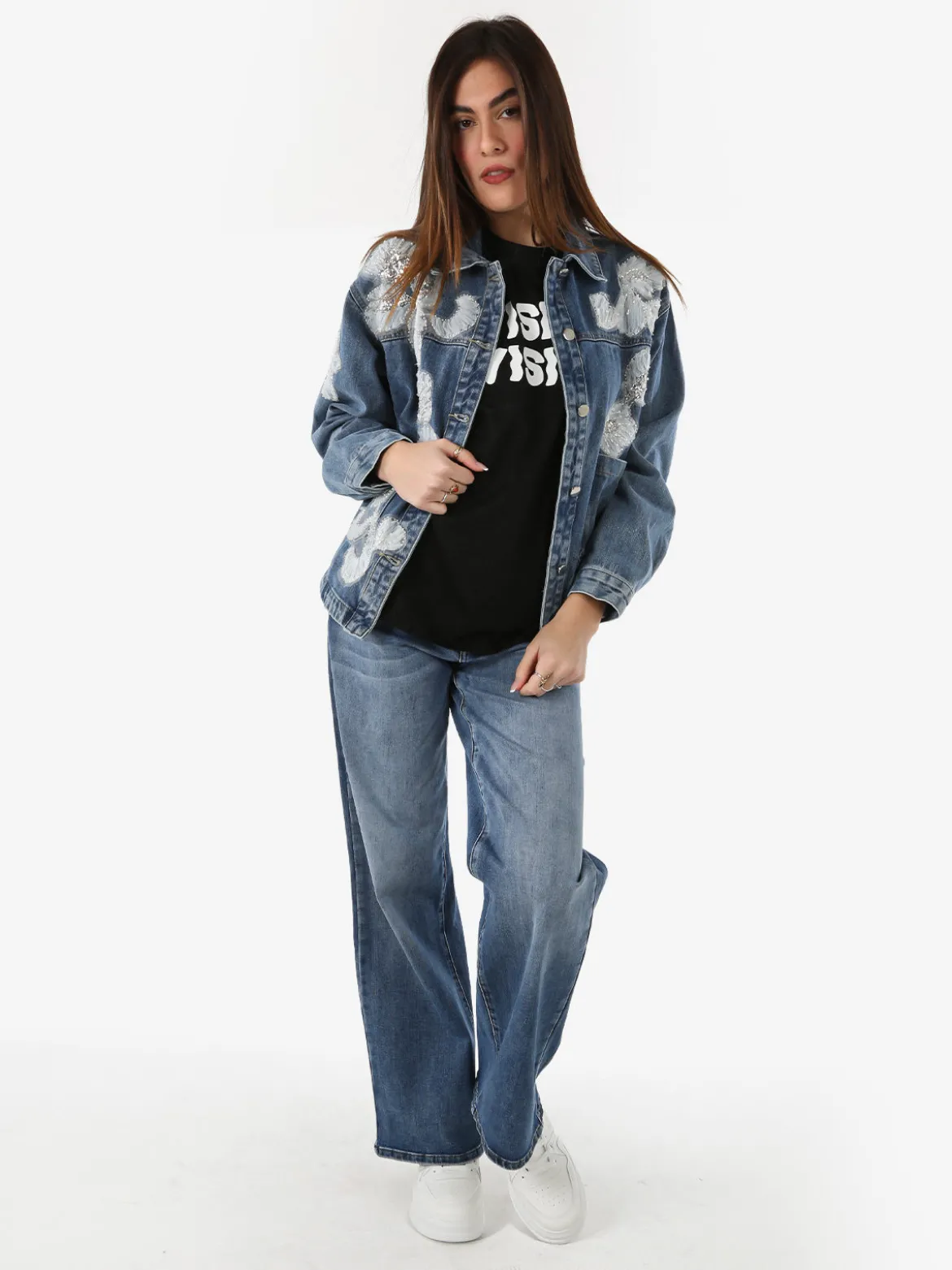 Studio Eleven Collection Giacca donna in jeans oversize con perline e paillettes - blu