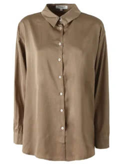 Studio Eleven Collection Maxi camicia da donna a maniche lunghe effetto raso - khaki