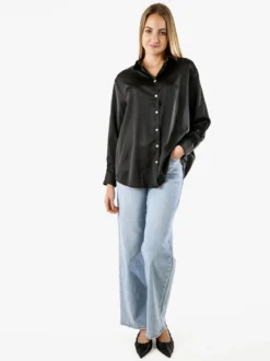 Studio Eleven Collection Maxi camicia da donna a maniche lunghe effetto raso - nero