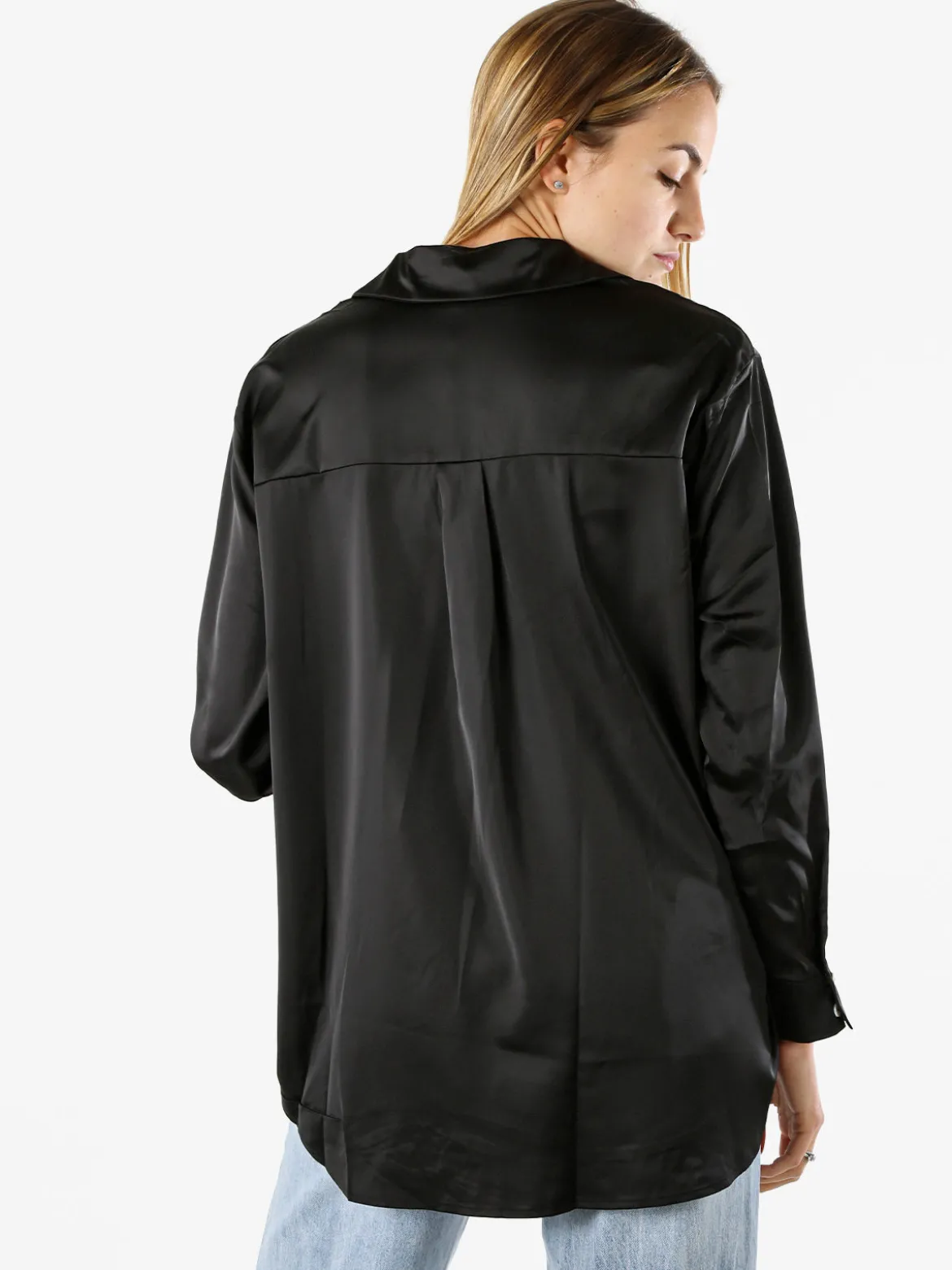 Studio Eleven Collection Maxi camicia da donna a maniche lunghe effetto raso - nero
