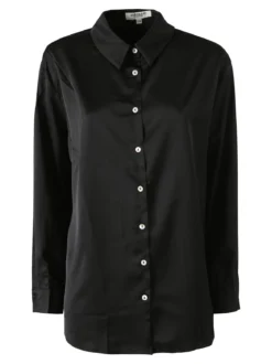 Studio Eleven Collection Maxi camicia da donna a maniche lunghe effetto raso - nero