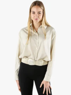 Studio Eleven Collection Maxi camicia da donna a maniche lunghe effetto raso - apricot