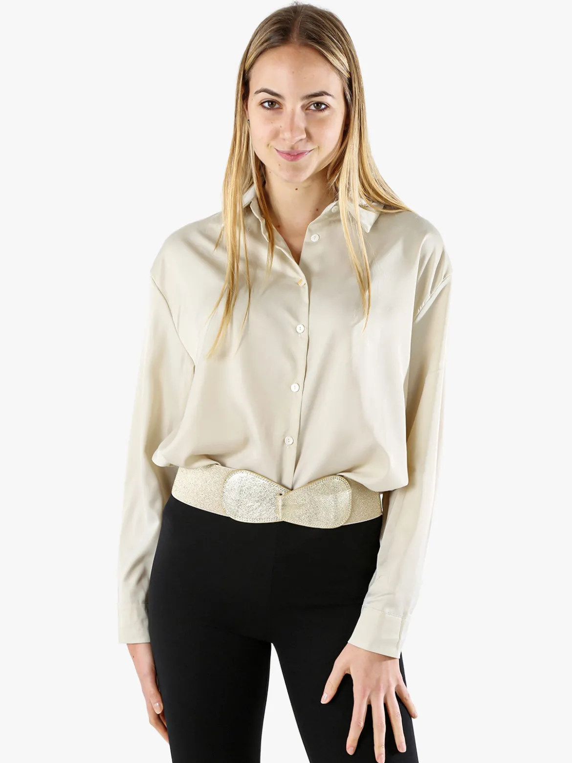 Studio Eleven Collection Maxi camicia da donna a maniche lunghe effetto raso - apricot