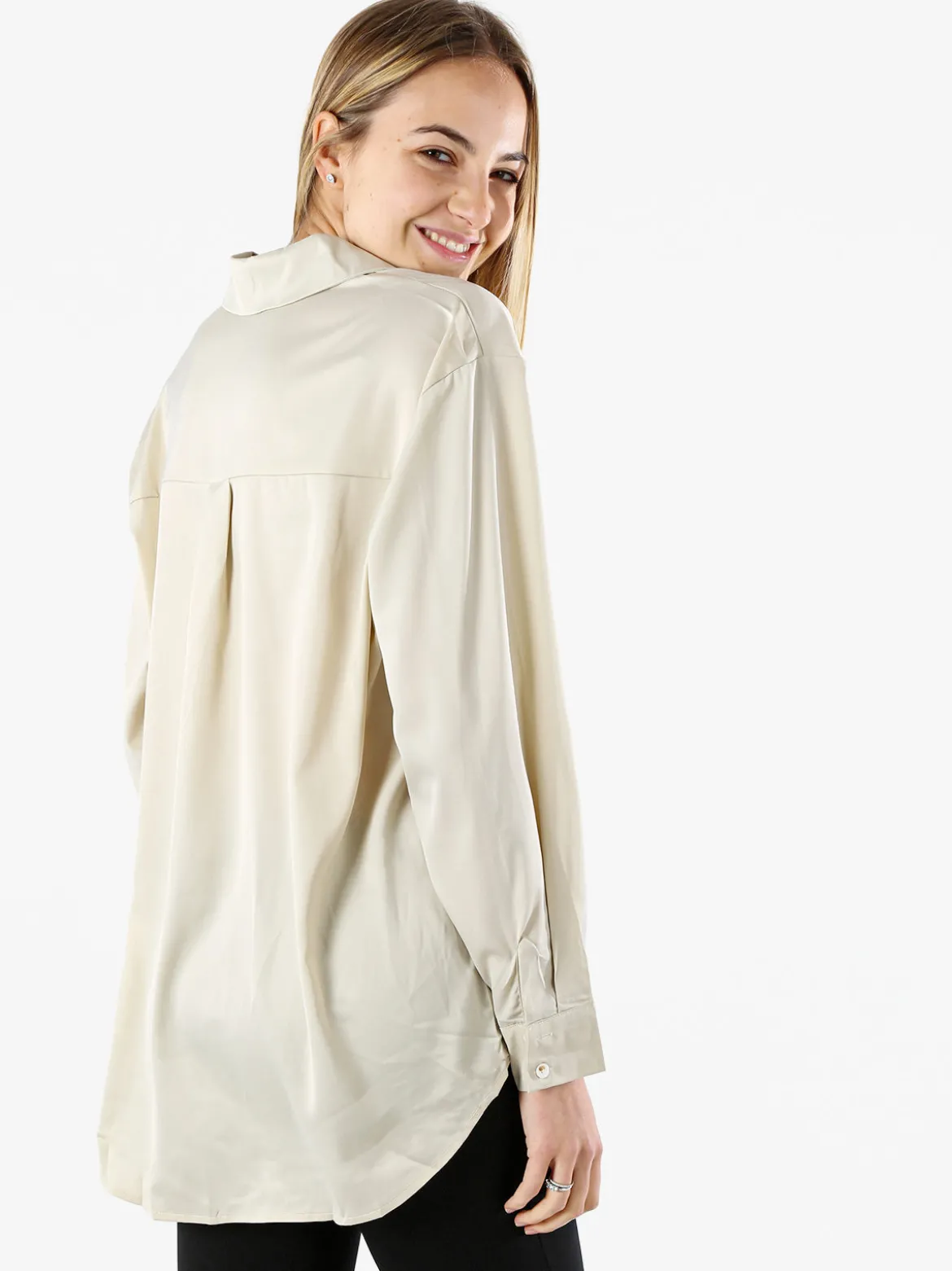 Studio Eleven Collection Maxi camicia da donna a maniche lunghe effetto raso - apricot