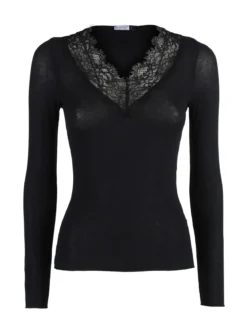 Sublyme T-shirt donna a maniche lunghe in cashmere con pizzo - nero