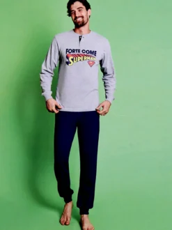 Superman Pigiama lungo da uomo in cotone con pantaloni a quadri - grigio