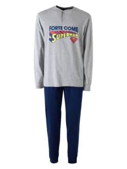 Superman Pigiama lungo da uomo in cotone con pantaloni a quadri - grigio