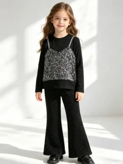 Sweet Junior Completo elegante da bambina con paillettes e pantaloni a zampa - nero