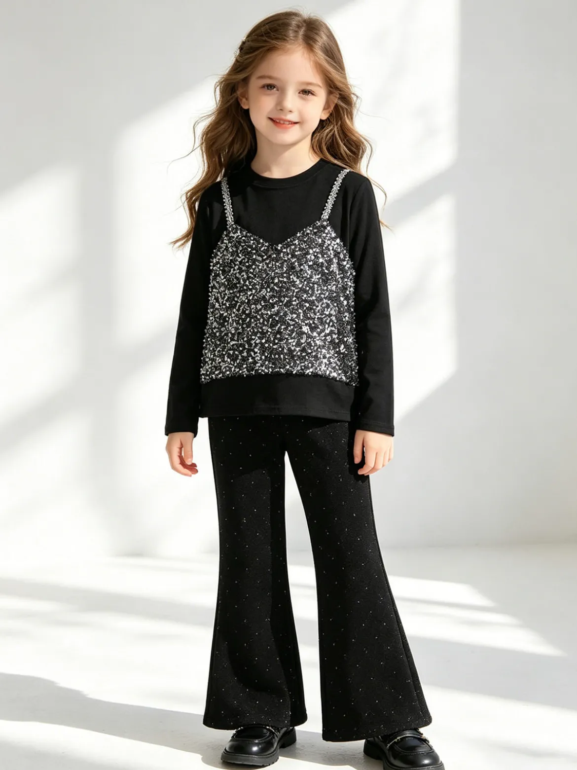 Sweet Junior Completo elegante da bambina con paillettes e pantaloni a zampa - nero