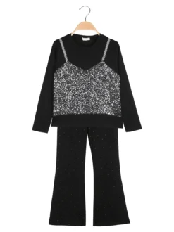 Sweet Junior Completo elegante da bambina con paillettes e pantaloni a zampa - nero