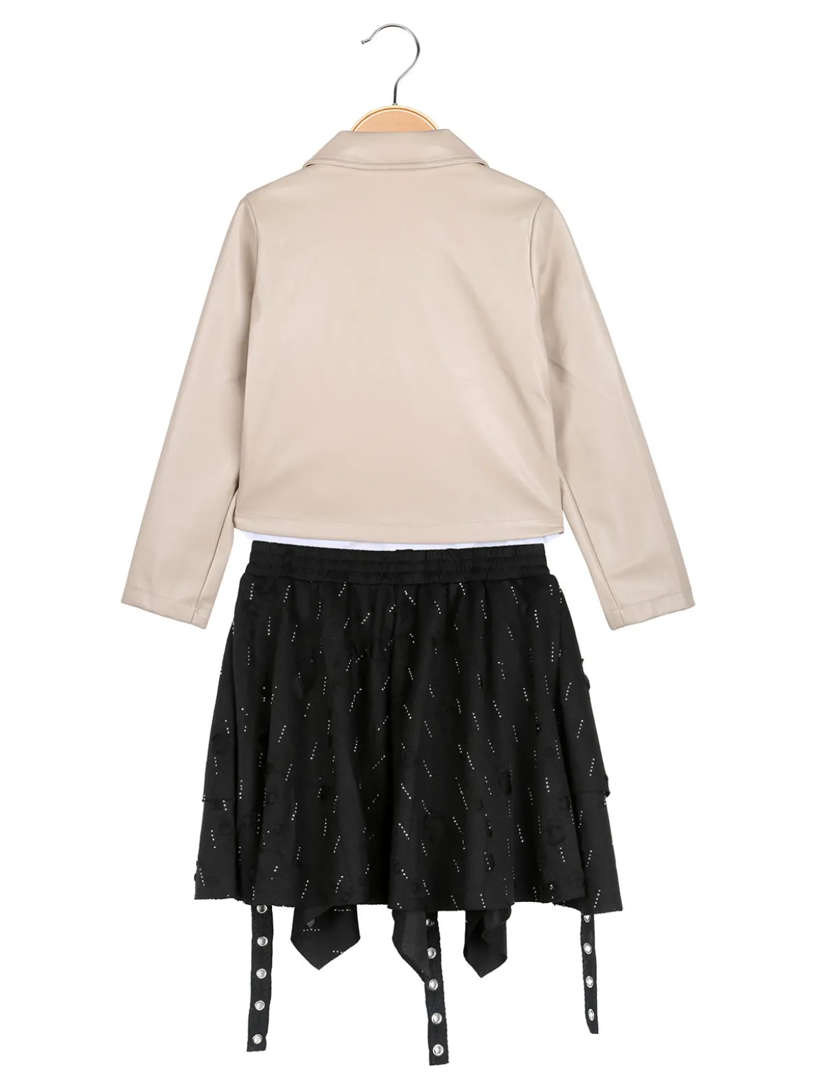 Sweet Junior Completo 3 pezzi da bambina con giacca in ecopelle e gonna con strass - beige