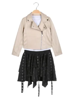 Sweet Junior Completo 3 pezzi da bambina con giacca in ecopelle e gonna con strass - beige