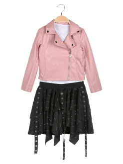 Sweet Junior Completo 3 pezzi da bambina con giacca in ecopelle e gonna con strass - rosa
