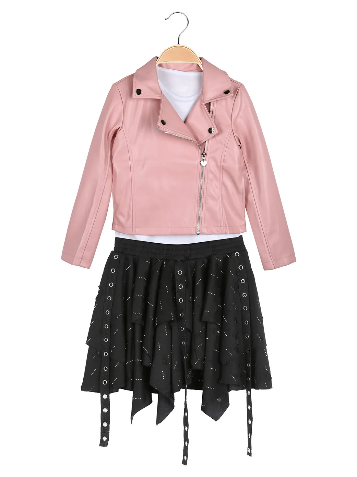 Sweet Junior Completo 3 pezzi da bambina con giacca in ecopelle e gonna con strass - rosa