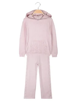 Sweet Junior Completo 2 pezzi da bambina in maglia con cappuccio e pantaloni a zampa