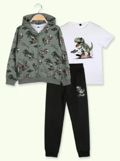 Sweet Junior Completo tuta da bambino dinosauri 3 pezzi con cappuccio e zip - militare