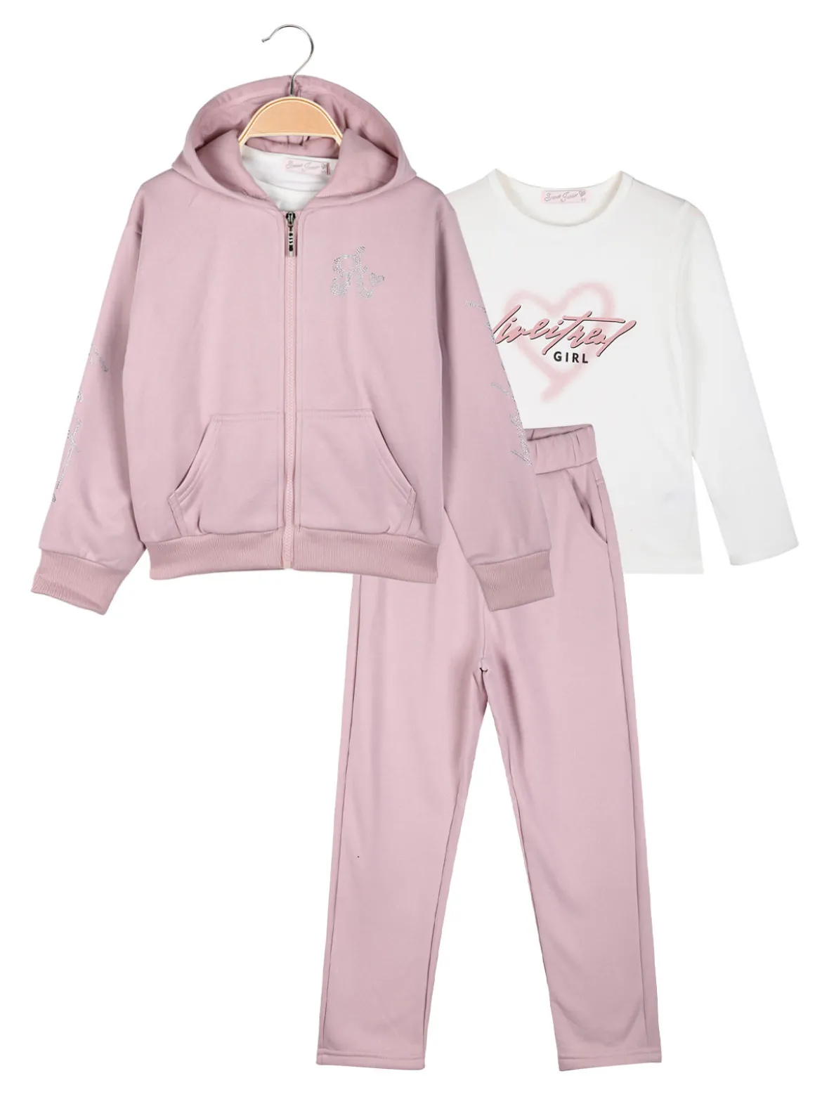 Sweet Junior Completo tuta 3 pezzi da bambina con cappuccio e zip - rosa