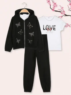 Sweet Junior Completo tuta 3 pezzi da bambina con farfalle di strass cappuccio e zip - nero