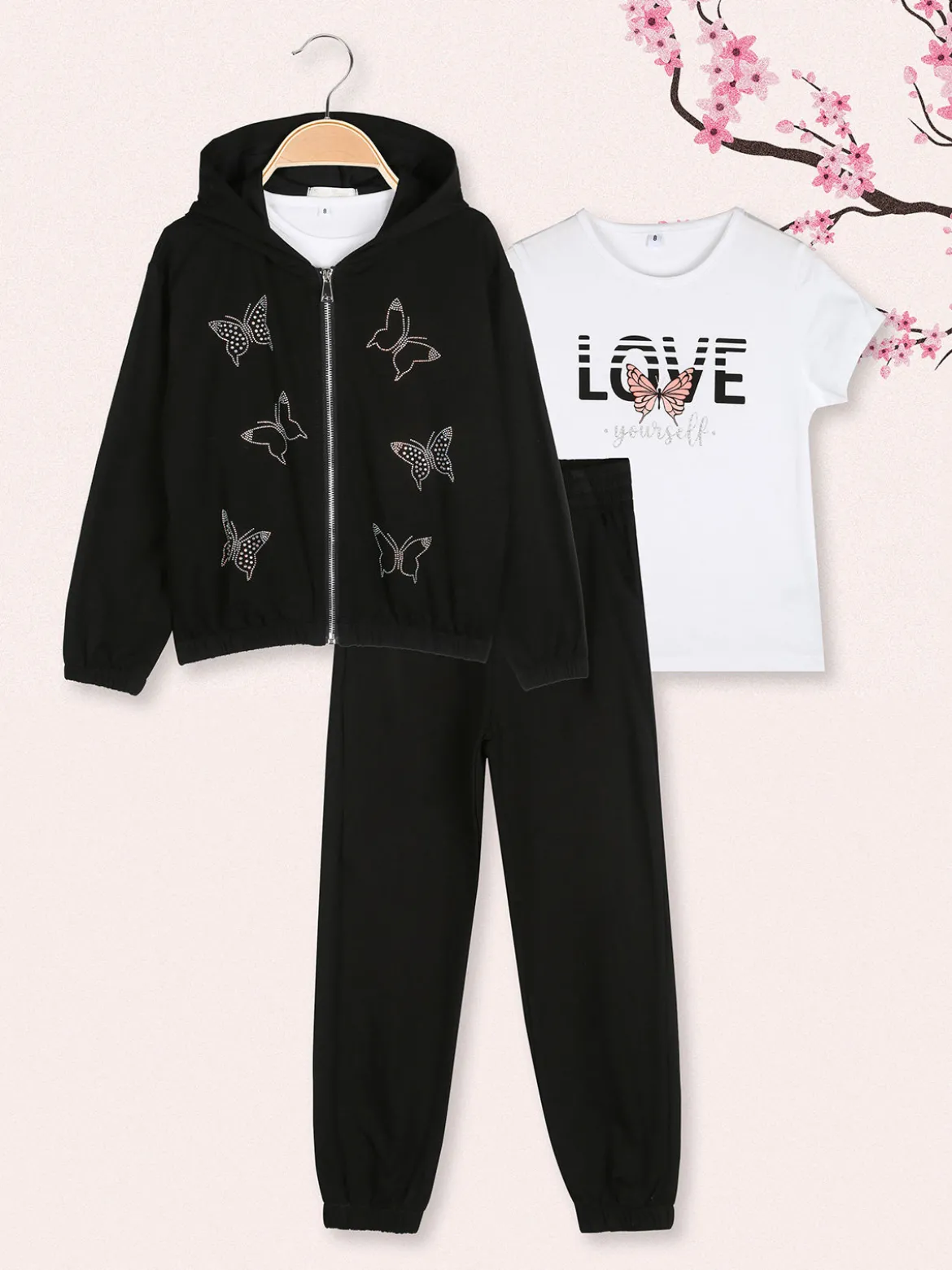 Sweet Junior Completo tuta 3 pezzi da bambina con farfalle di strass cappuccio e zip - nero