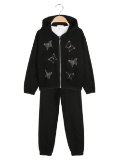 Sweet Junior Completo tuta 3 pezzi da bambina con farfalle di strass cappuccio e zip - nero
