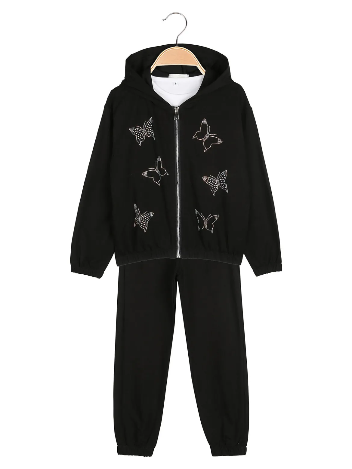 Sweet Junior Completo tuta 3 pezzi da bambina con farfalle di strass cappuccio e zip - nero