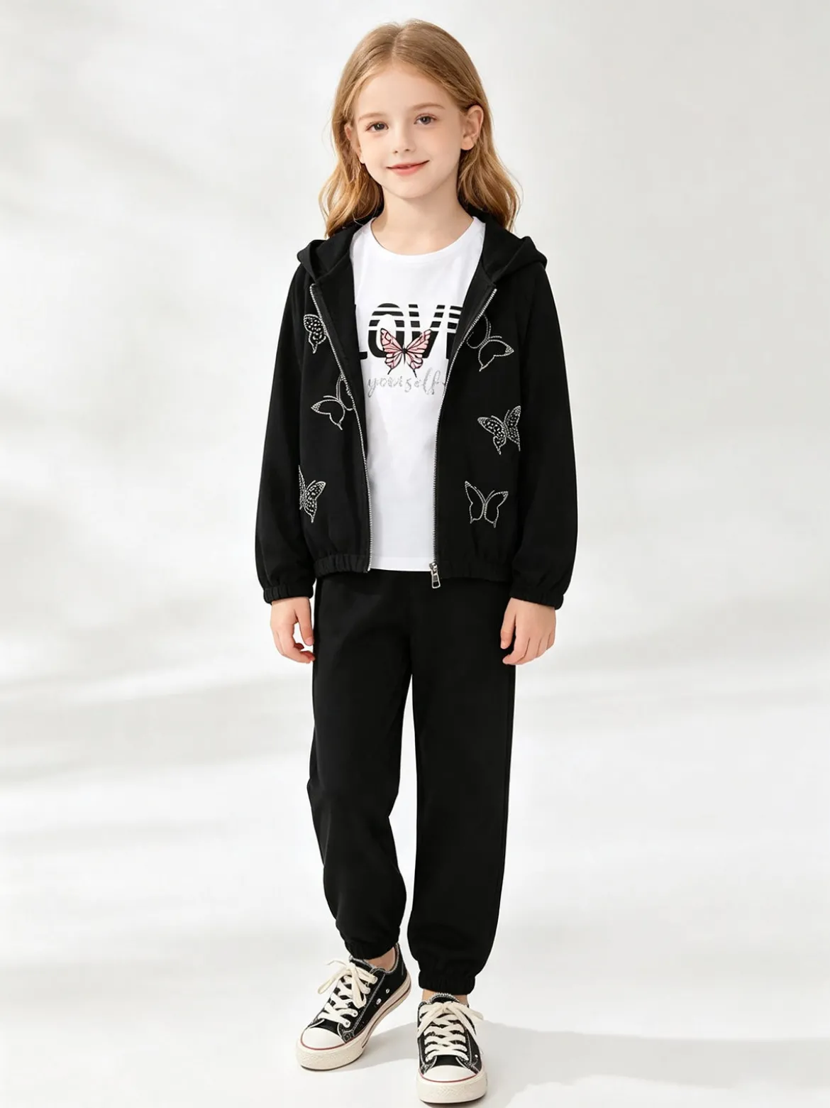 Sweet Junior Completo tuta 3 pezzi da bambina con farfalle di strass cappuccio e zip - nero