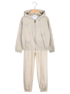 Sweet Junior Completo tuta 3 pezzi da bambina con farfalle di strass cappuccio e zip - beige