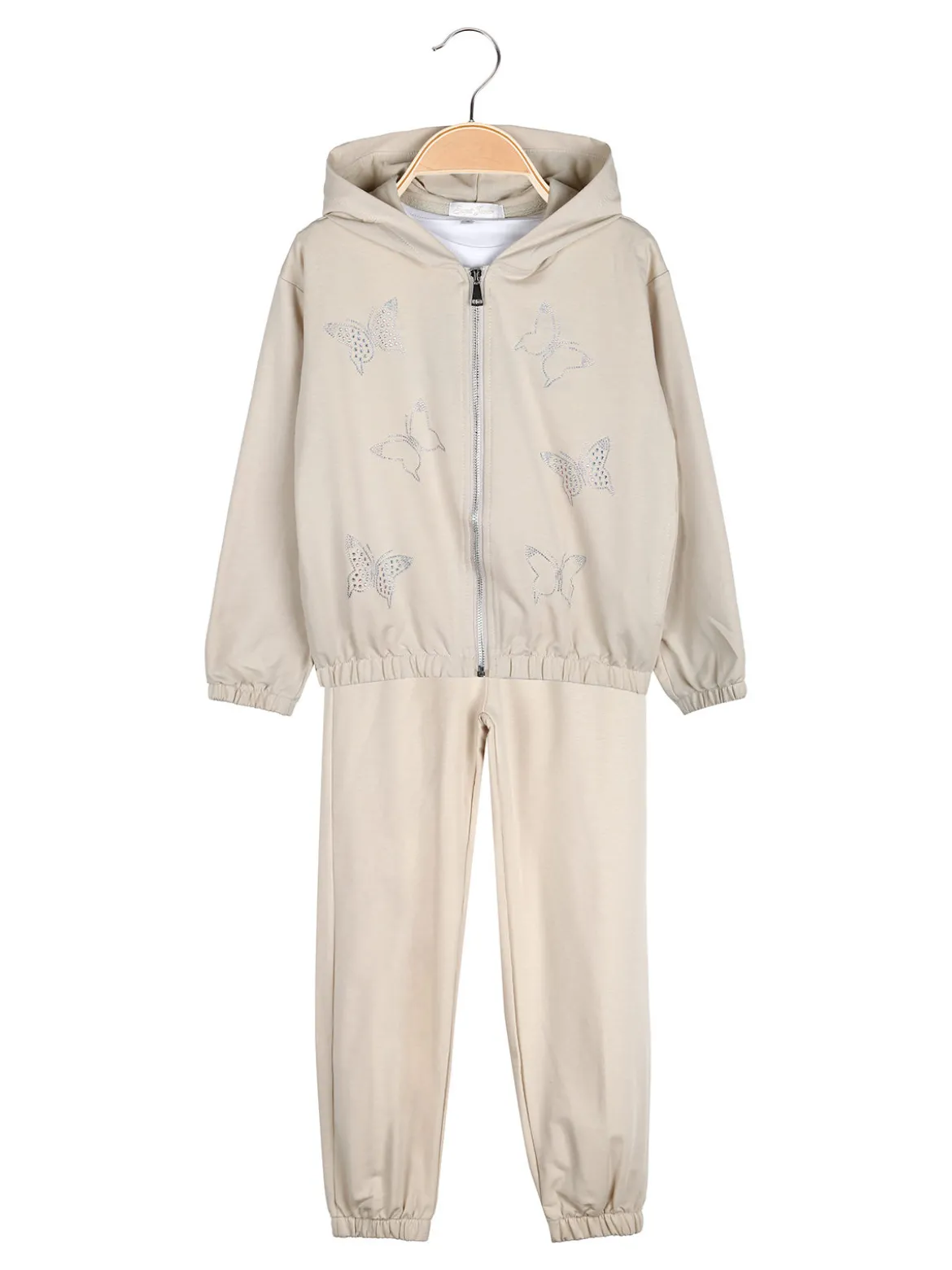 Sweet Junior Completo tuta 3 pezzi da bambina con farfalle di strass cappuccio e zip - beige