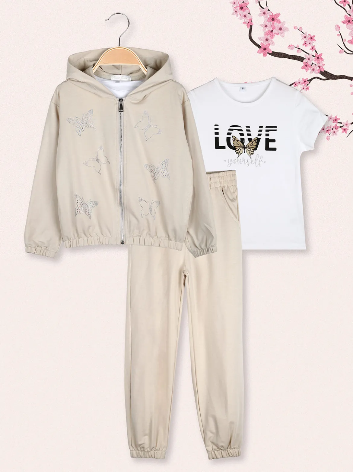 Sweet Junior Completo tuta 3 pezzi da bambina con farfalle di strass cappuccio e zip - beige