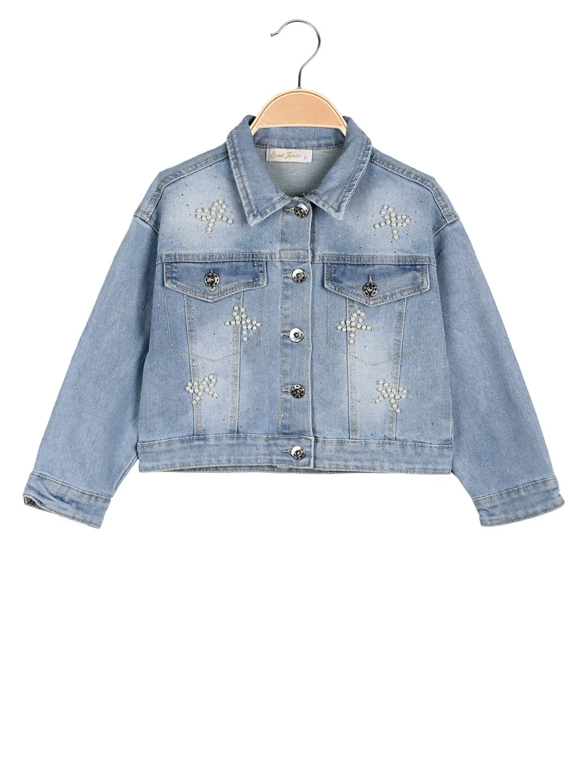 Sweet Junior Giacca cropped da bambina in jeans con perle e strass - jeans