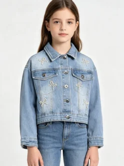 Sweet Junior Giacca cropped da bambina in jeans con perle e strass - jeans