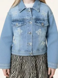 Sweet Junior Giacca cropped da bambina in jeans con perle e strass - jeans