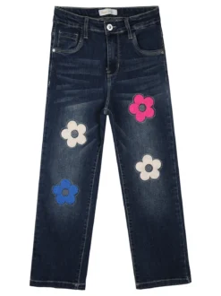 Sweet Junior Jeans da bambina a gamba dritta con fiori di peluche e strass - jeans