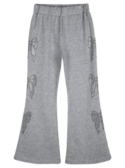 Sweet Junior Pantaloni da bambina a zampa con fiocchi di strass ed elastico in vita - grigio