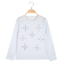 Sweet Junior T-shirt da bambina a maniche lunghe con strass e perle - bianco